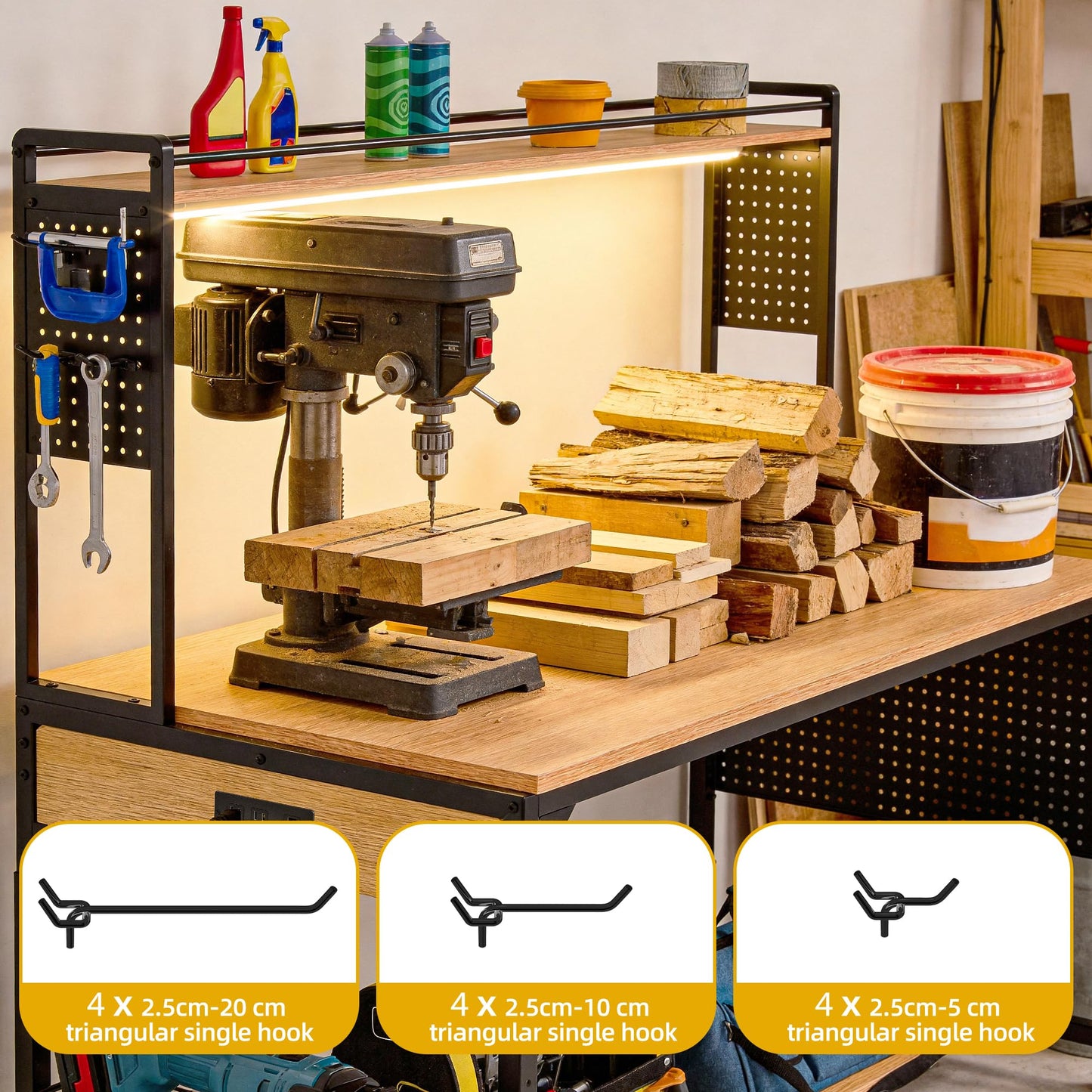 DWVO 59in Large Adjustable Height Workbench with Pegboard, 1100lb Heavy Duty Work Bench on Wheels, 59"x31" Work Table with AC/USB Outlet, Storage Shelf, LED Light, Hooks, for Garage, Workshop, Home