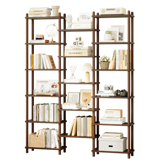 IOTXY Wooden Triple Wide Bookshelf - 6-Tier Large Shelf Bookcase with Solid Beech Frame, Tall Freestanding Open Etagere Display Rack for Home Office, Walnut