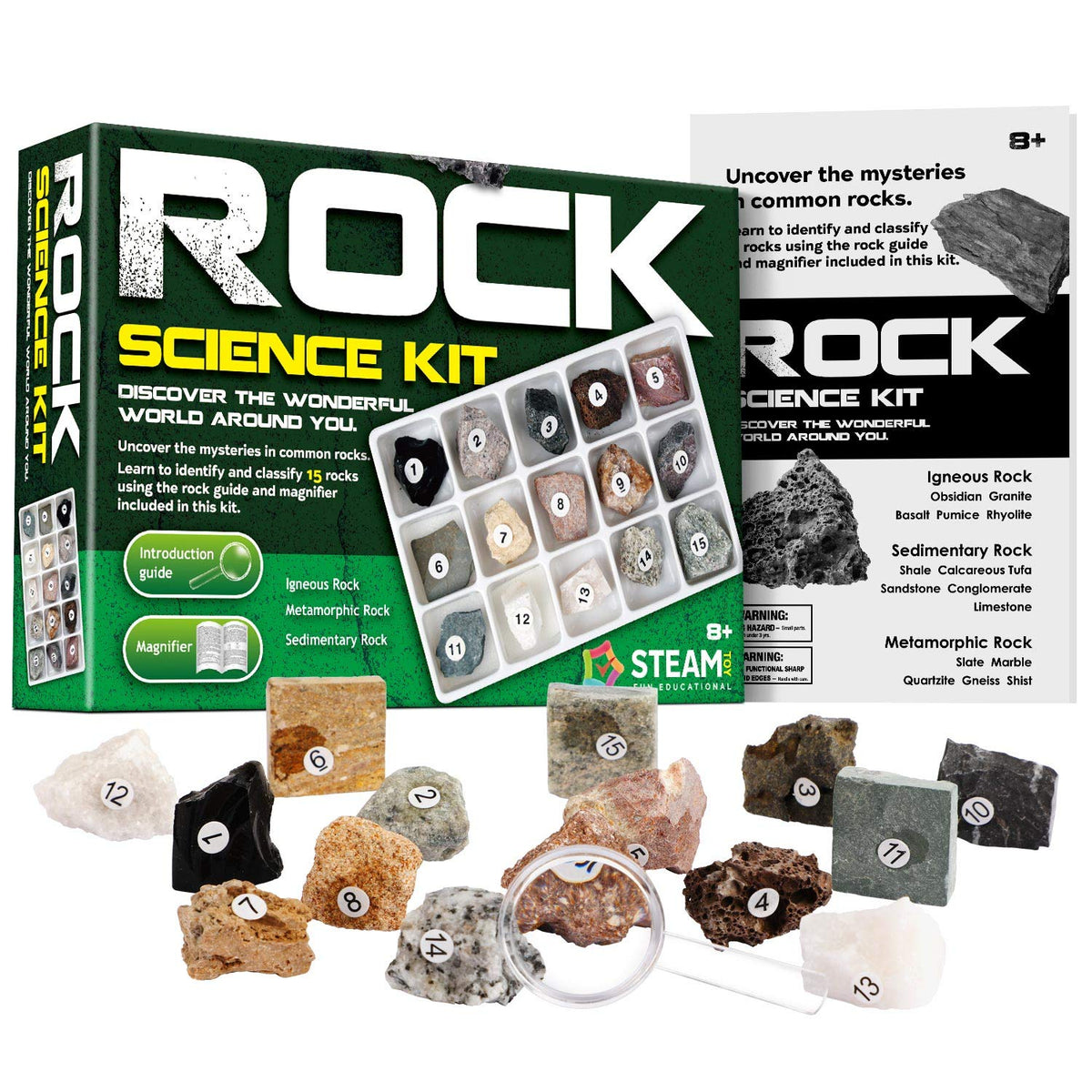 Rock & Stone Collection 15 PCS with Collector Box, STEM Toy Science Kit Geology Mineral Specimens Gift Presents for Kid Geologists