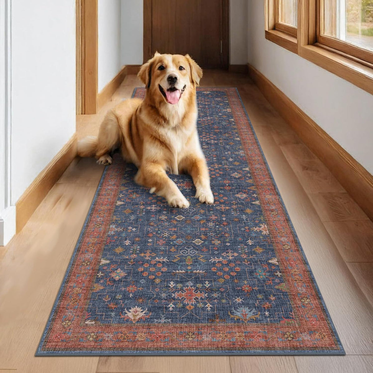 Skiennix Washable 10 Ft Long Hallway Runner Rug - Navy Blue, Pet-Friendly & Waterproof with Non-Slip Rubber Backing