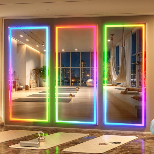 Hasipu 81"x33" LED RGB Bluetooth Home Gym Mirror Full Length with Lights, Wall Mount & Free Standing Full Body Mirror for Bedroom Workout Yoga, Detachable Stand, 7 Color & Brightness Adjustable