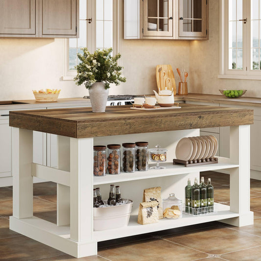 Tribesigns 55" Kitchen Island with Seating and Storage, 3-Tier Farmhouse Wood Stationary Island Table with Large Worktop & Leg Room, Coffee Bar Table with Storage Shelves for Kitchen, White and Brown