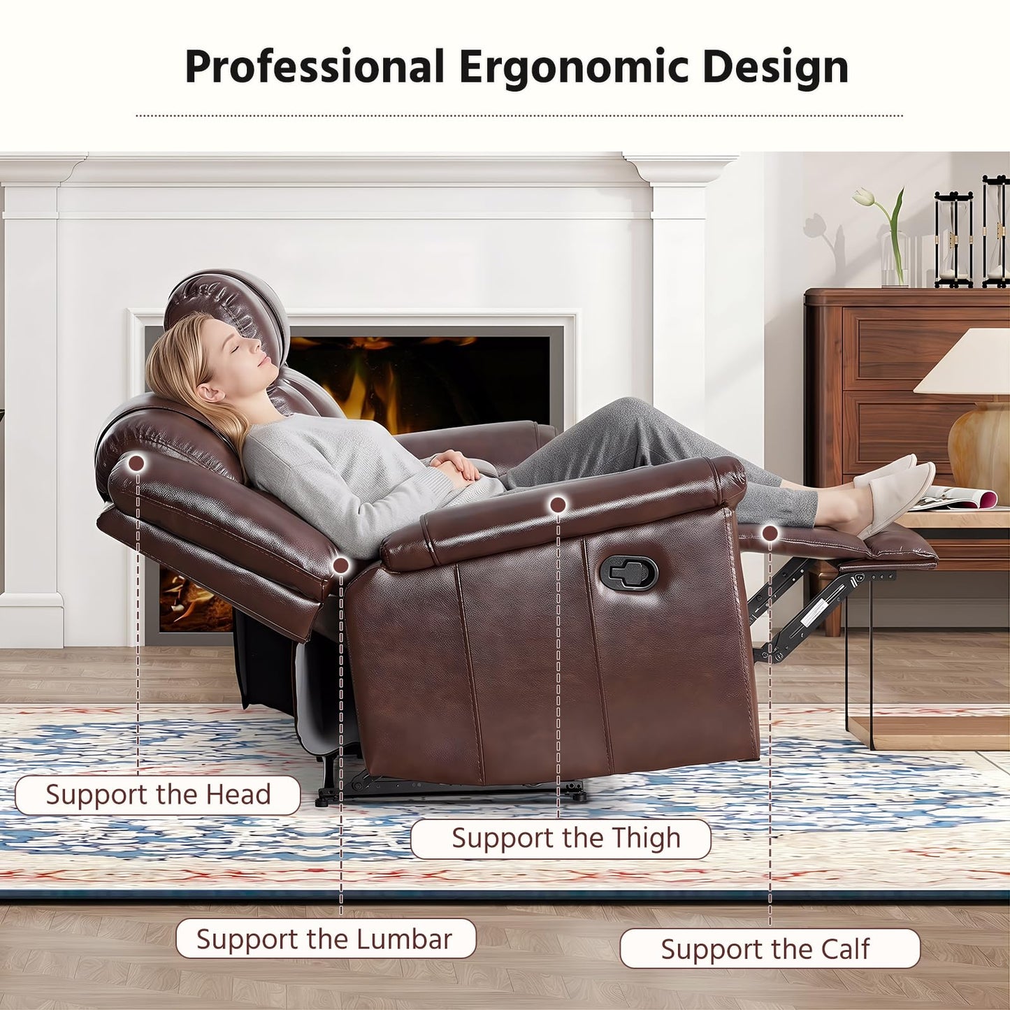 ANJ Geniune Leather Manual Loveseat Recliner Sofa Set of 2 with Center Console, Overstuffed 2-Seater Reclining Couch with Hidden Storage & Cup Holders, 2 Dual Recliner for Living Room, Rust Brown