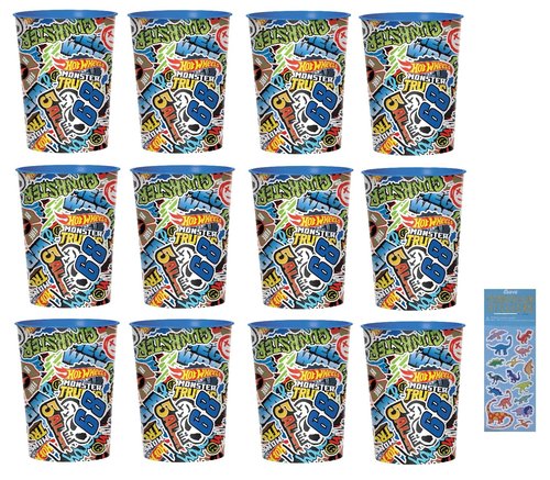 Amscan Monster Trucks Birthday Party Supplies Bundle includes 12 Plastic Reusable Cups 16oz and 1 Dinosaur Sticker Sheet
