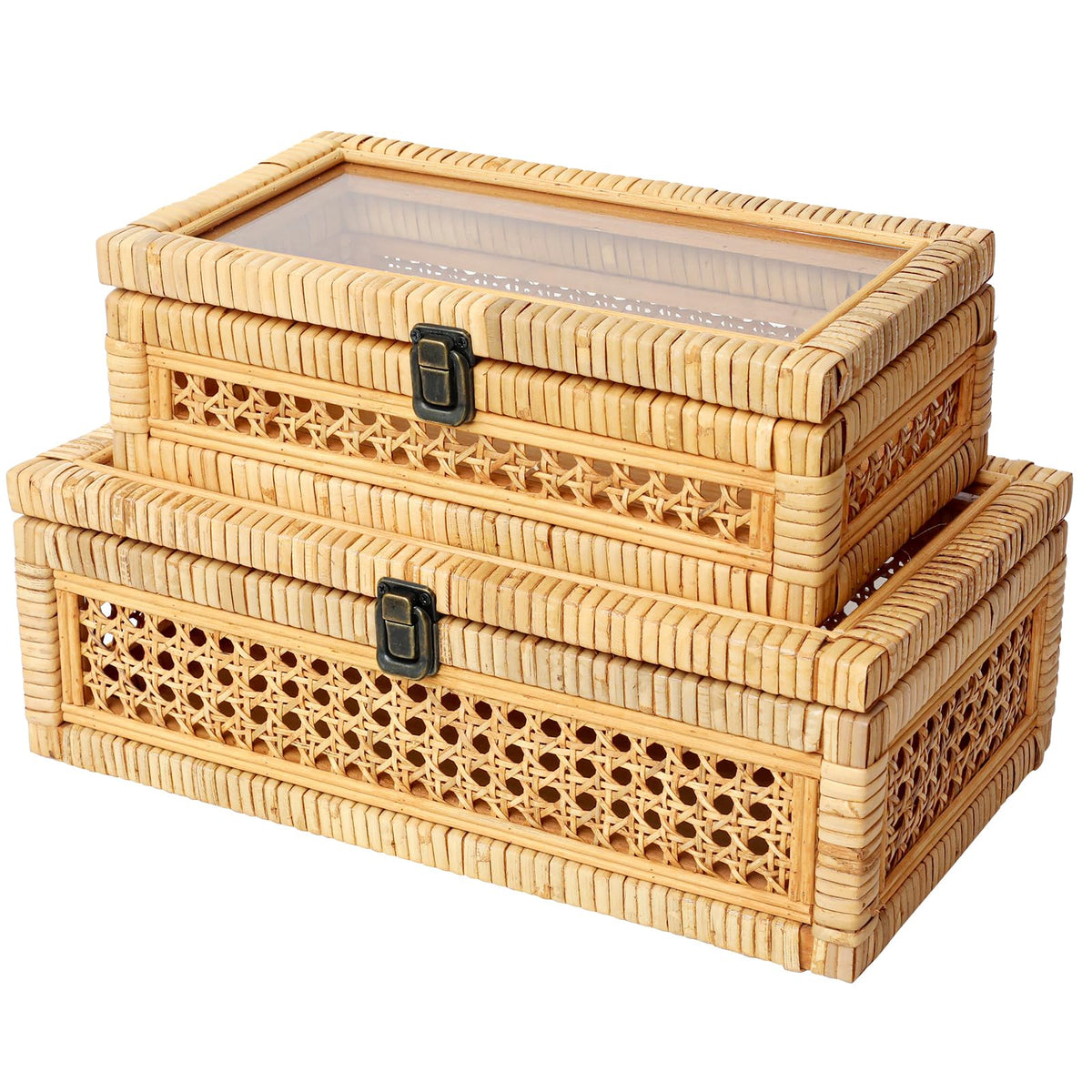 DECOR4SEASON Rattan and Cane Stacking Boxes with Glass Top Lid - Set of 2 for Boho, and Rustic Farmhouse Decor