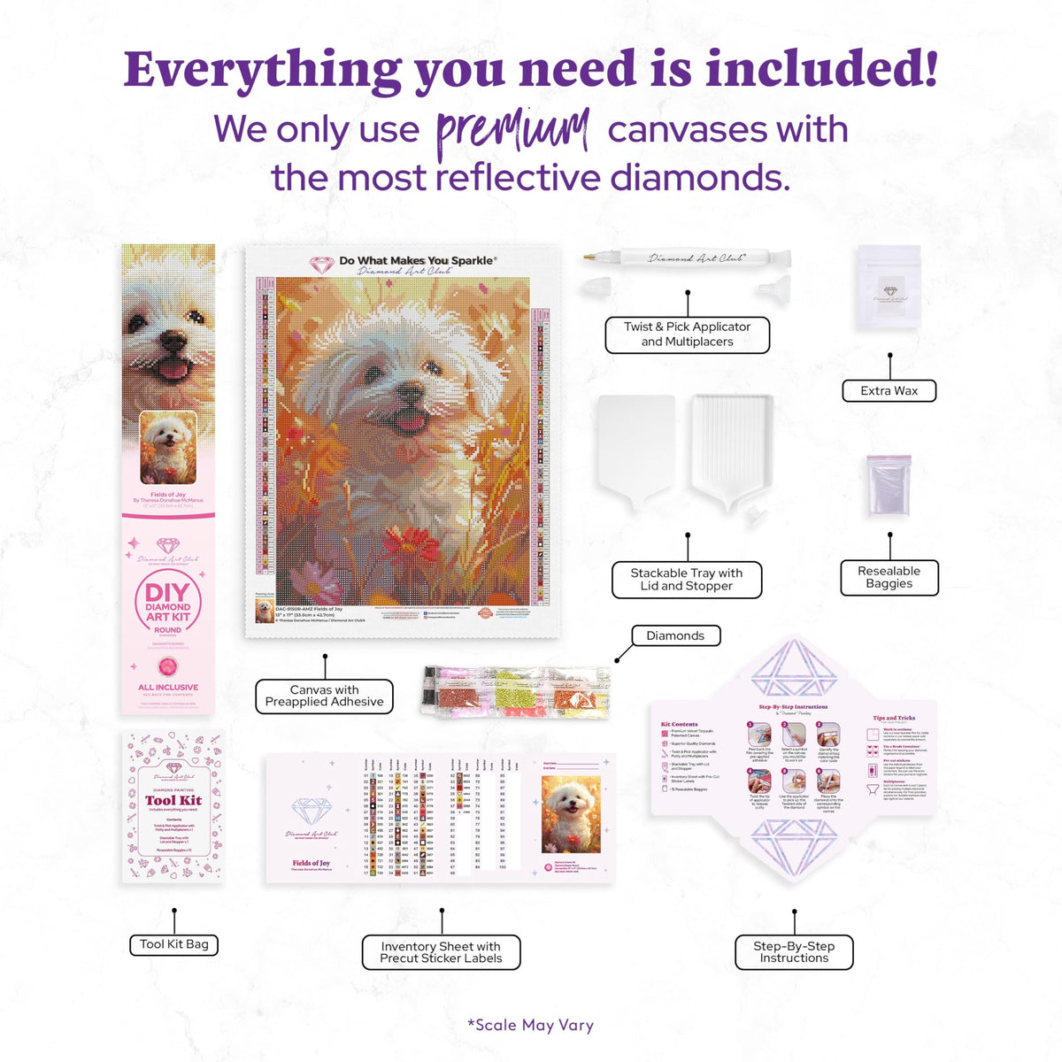 DIAMOND ART CLUB Fields of Joy - Maltese Diamond Painting Kit, Fun DIY Crafts for Adults, Round Diamond Art Canvas, 13" x 17" (33 cm x 42.7 cm)