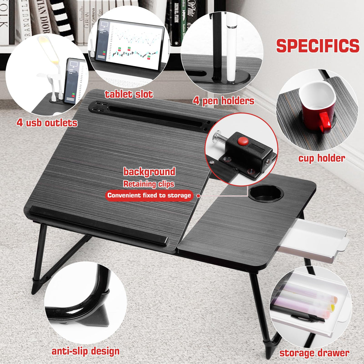 CloudTrip Plus XL Adjustable Laptop Desk with Light, USB Port, iPad Holder, Drawer Storage - Larger 23.6IN Adjustable Lap Desk for Bed, Home Office, Breakfast Tray, Fordable Legs Desk (Black)