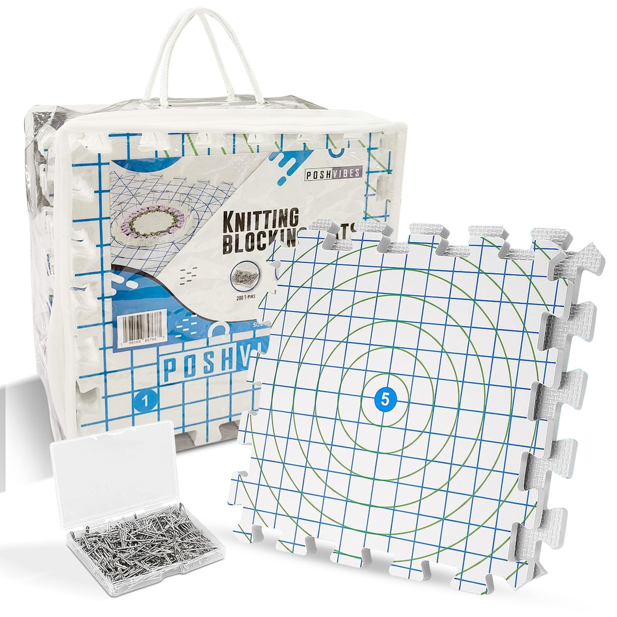 POSHVIBES 9 Extra Thick Blocking Mats for Knitting & Crochet Projects - Pack of 9 with 200 T-Pins, Reusable Storage Bag, 12.6x12.6x0.7 Inches - Gift for Knitting Lovers