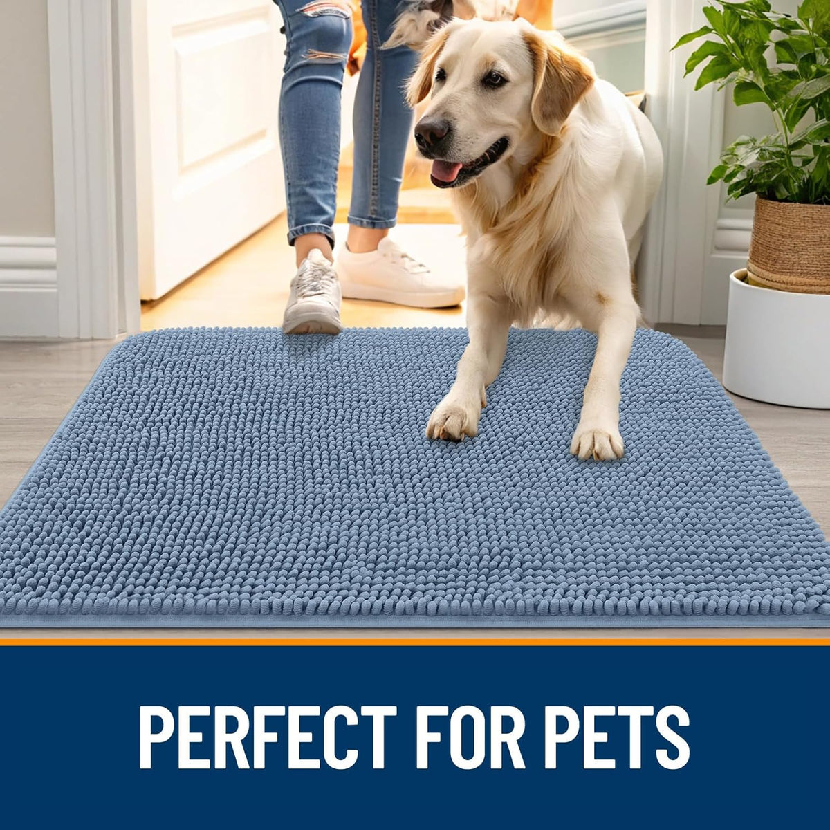 OLANLY Dog Door Mat - Absorbent Non-Slip Chenille Mat for Muddy Paws | 70x24, Quick Dry, Airy Blue