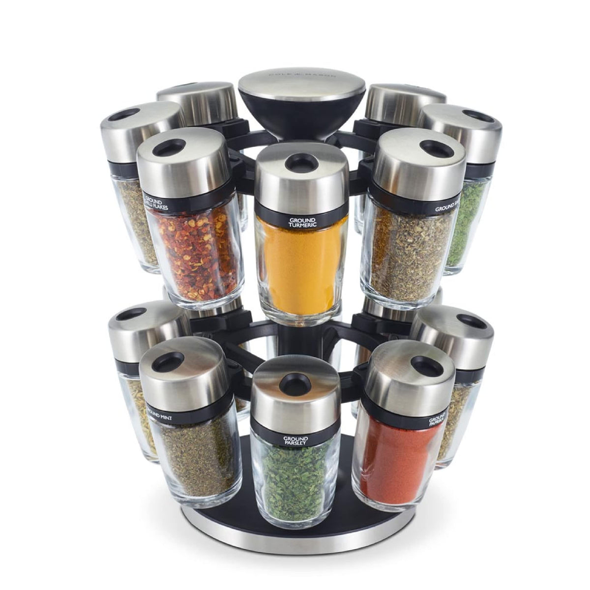 Cole & Mason 16 Herb & Spice Carousel - Rotating Spice Rack - Metal Two-Tier Organizer - Lazy Susan Style - Stainless Steel/Black, 10 inch