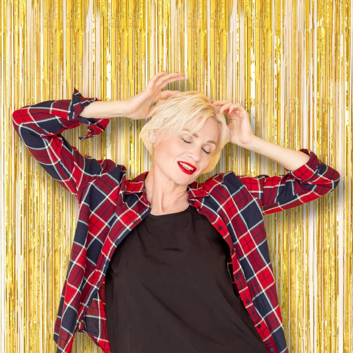 Voircoloria Laser Gold Foil Fringe Backdrop Curtains - 3 Pack Tinsel Streamers for Parties & Events | 3.3 x 8.2 ft