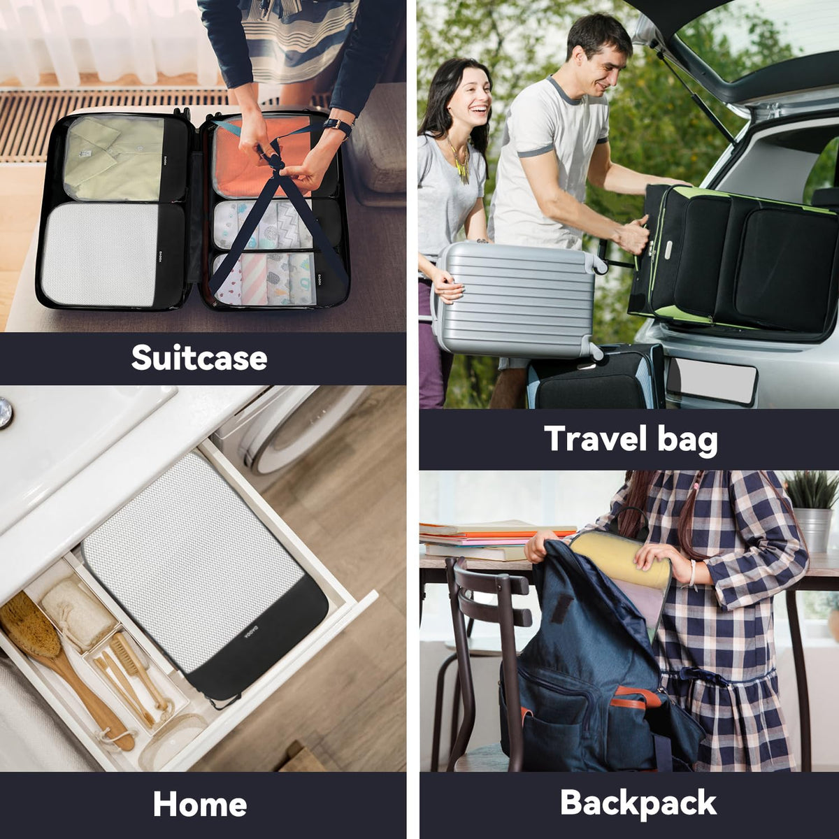 Voova 6 Set Compression Packing Cubes, Travel Accessories Expandable Packing Organizer Bags Set for Carry on Suitcase, Durable Luggage Packing Cubes for Travel Essentials, Black