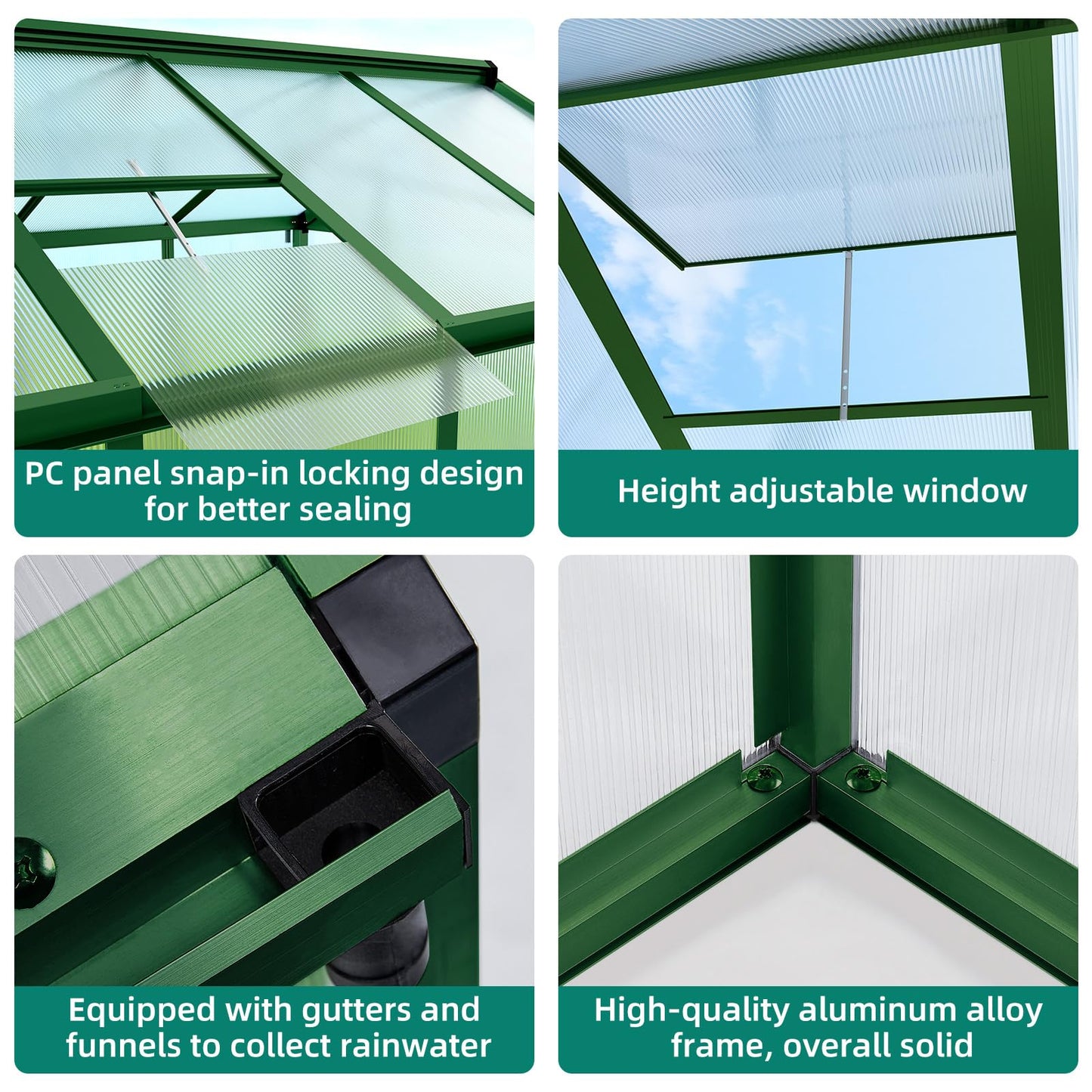 GAOMON Walk in Polycarbonate Greenhouse for Outdoors, 6 x 10 ft Backyard Greenhouse with Reinforced Aluminum Frame, Roof Vent, Lockable Door, Rain Gutter, Easy Assembly, Green