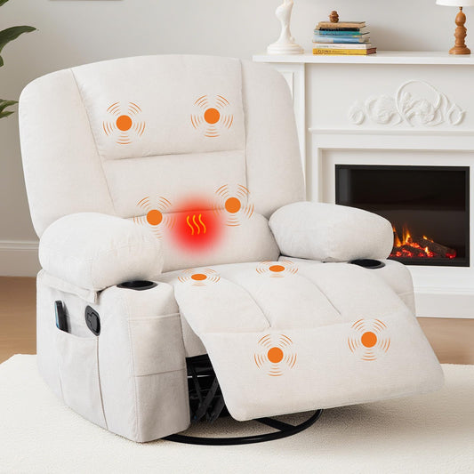 GarveeHome Oversized Wide Recliner Chair-Heat and Vibration Massage, 360° Swivel Rocker Chair for Adults,Chenille Fabric Manual Recliner with Cup Holders & Side Pocket for Living Room, Bedroom,White