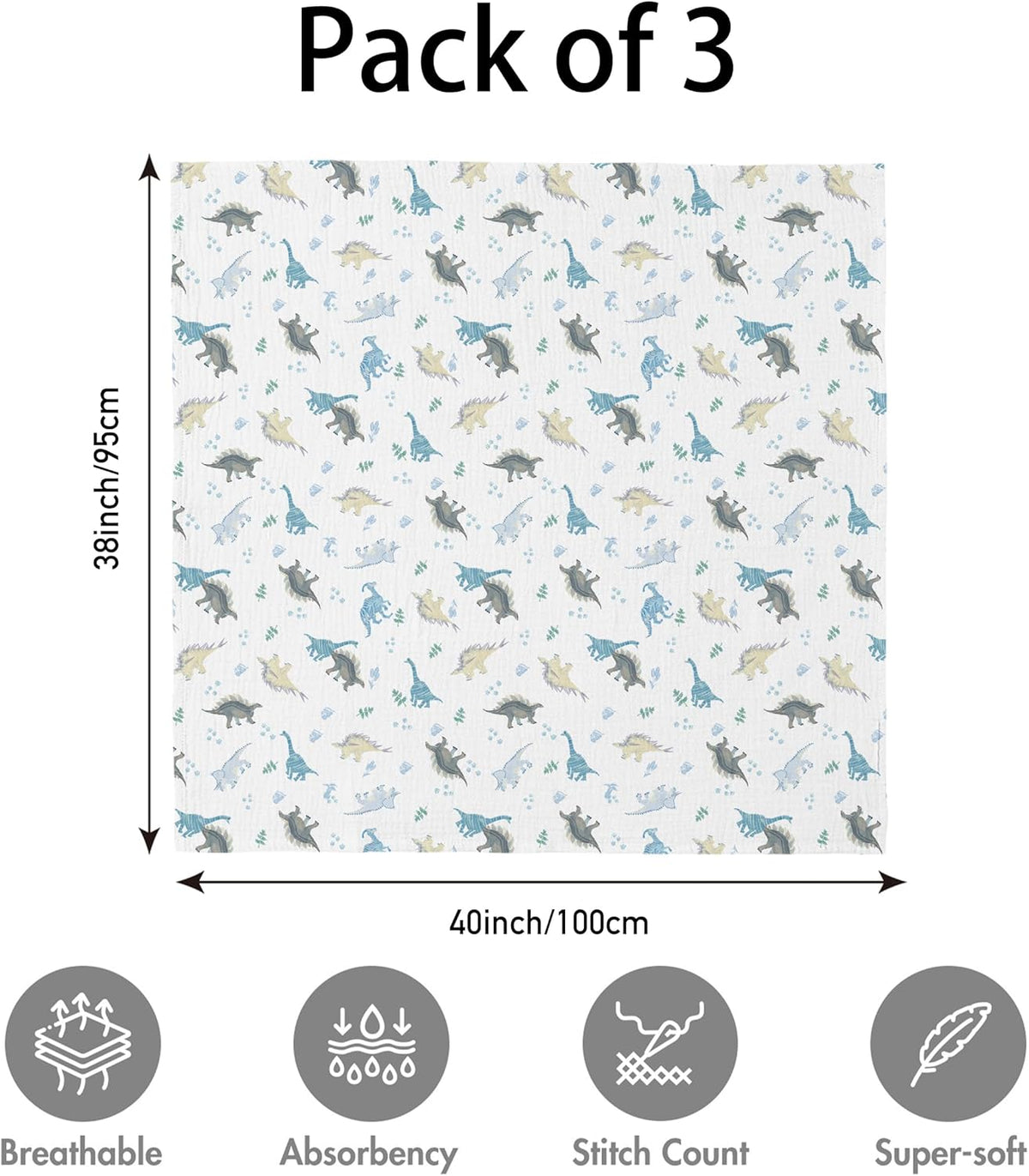 Skiennix Muslin Swaddle Blankets - Soft & Breathable 3-Pack for Newborns | Large 38 x 40 Inches (Blue Dinosaur)