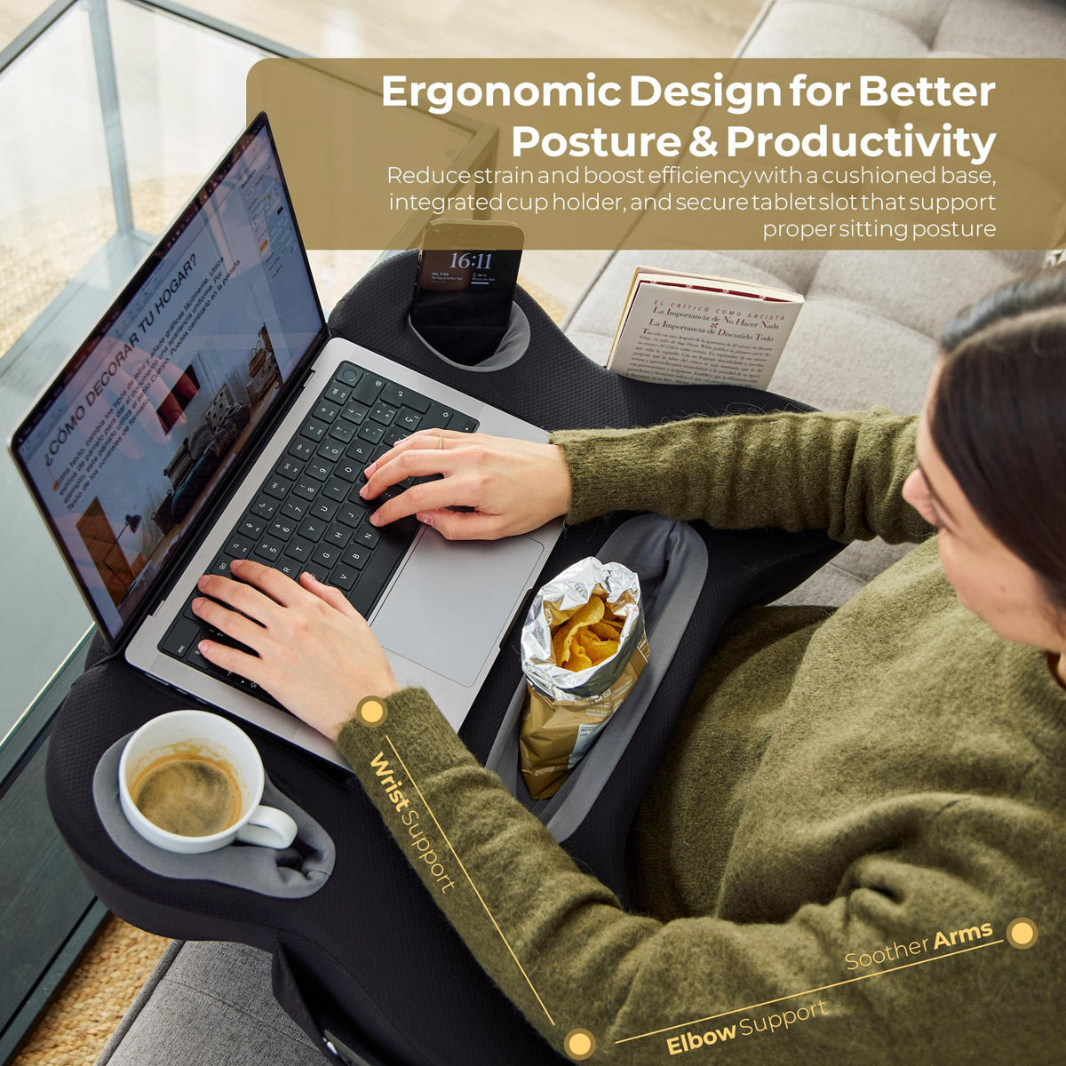 TabCouchCaddy Lap Desk Pillow - Cushioned Lap Pillow for Reading, Gaming, Work & Travel, Soft & Portable Laptop Desk for Bed, Couch, or Car, Ergonomic Support for Laptops & Tablets (Black)