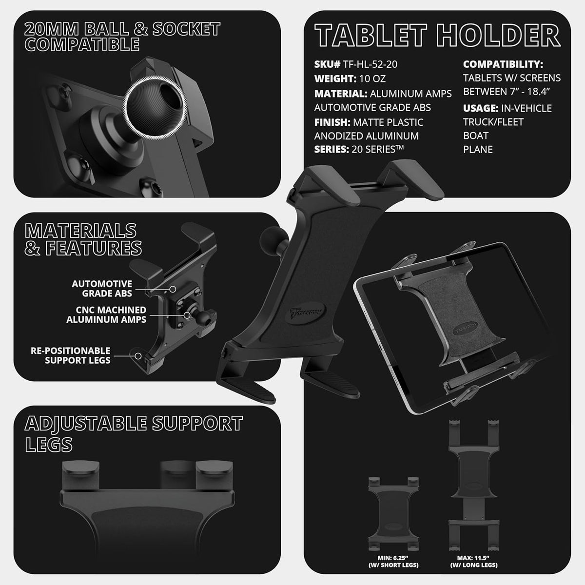 Tackform 20mm Commercial Universal Tablet Holder with Ball | Compatible with All iPad mini/Air/Pro, Galaxy Devices