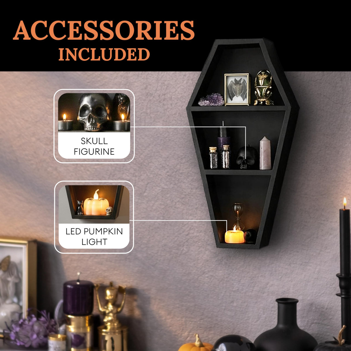 MANNY'S MYSTERIOUS ODDITIES Coffin Shelf and Coffin Gift Box with Spooky Accessories Set - Small Cute Goth Halloween Box 14 by 7 Inches - Black