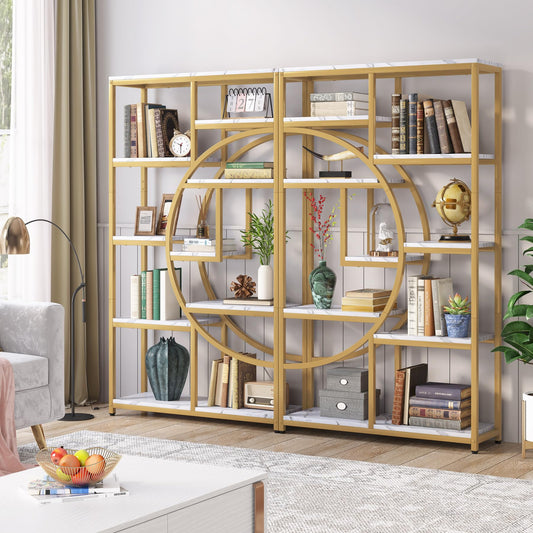 Tribesigns Bookshelf Industrial 5 Tier Etagere Bookcase, Freestanding Tall Bookshelves Display Shelf Storage Organizer with 9-Open Storage Shelf for Living Room, Bedroom, 2 Pack (Gold, 2 Pack)