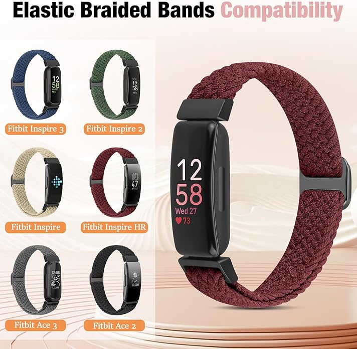 Elastic Braided Watch Band Compatible with Fitbit Inspire 3/Inspire 2/Inspire/Inspire HR/Fitbit ace 3/Ace 2, Adjustable Stretchy Strap Sport Nylon Loop Replacement Wristband for Fitbit Inspire