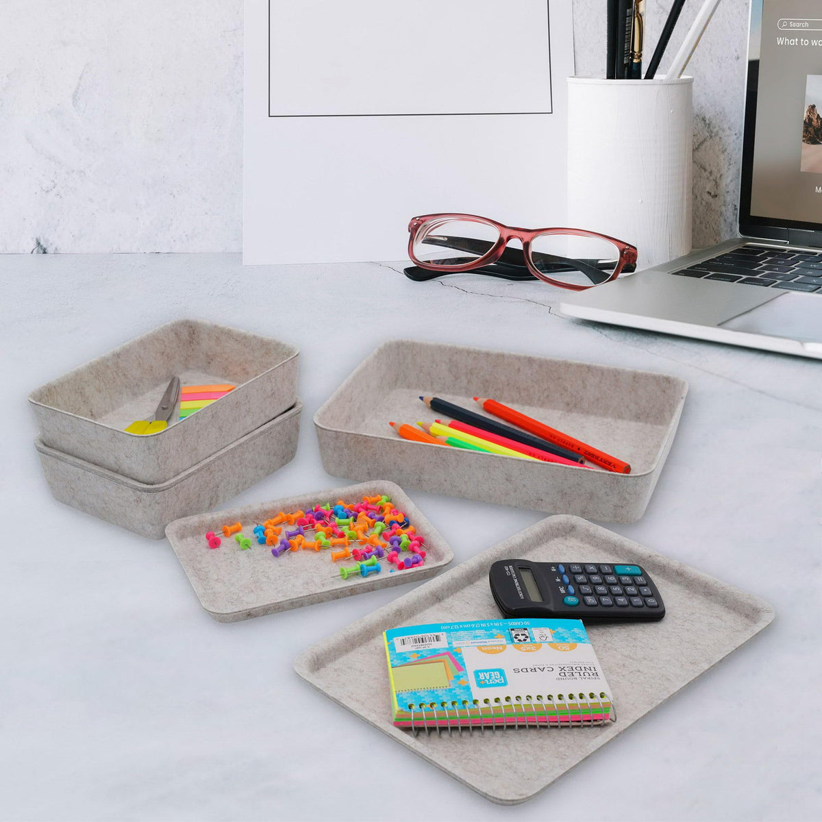 Welaxy Lidded Felt Drawer Organizer Trays with lids Desktop Organizer Bins Storage box for crafts office supplies pen notes Junk Makeup Stationery Organize 3- Pack gift idea (Oatmeal)