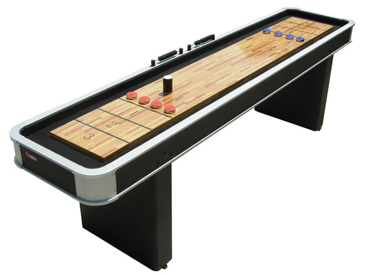 Atomic 9’ Platinum Classic Shuffleboard Table – Smooth Poly‑Coated Playfield, Pedestal Legs with Levelers, Abacus Scoring, Includes 8 Pucks & Wax