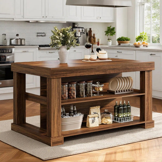 Tribesigns Kitchen Island with Storage, 55-Inch Farmhouse Stationary Island Table with Large Countertop, 3-Tier Wooden Center Bar Table for Kitchen, Dining Room, Dark Brown