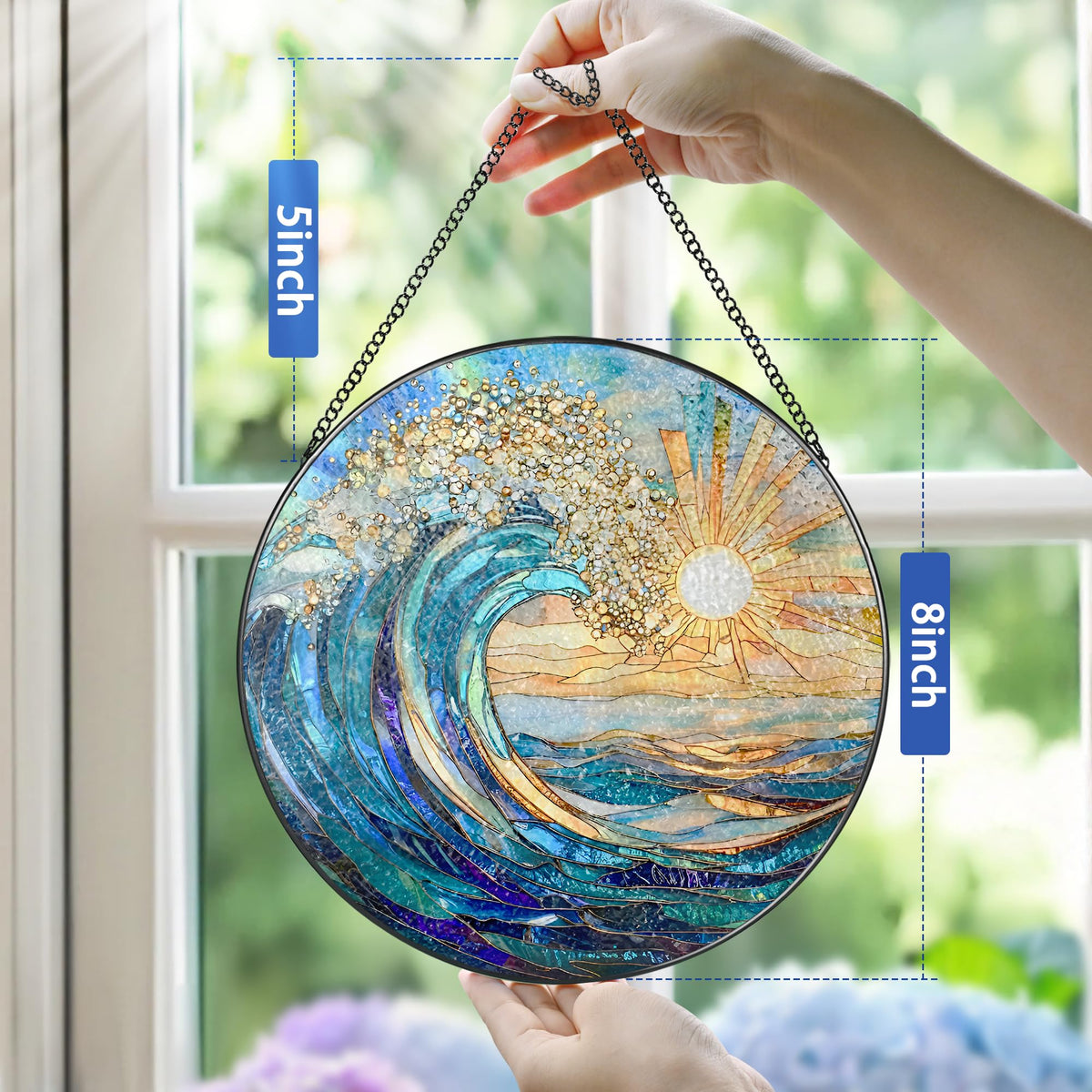 Sea Wave Stained Glass Suncatcher, 8 Inch Ocean Suncatchers for Window Hanging, Beach Lover Gifts, Beach Decor, Coastal Suncatcher, Gifts for Friends, Couples, Family, Colleagues