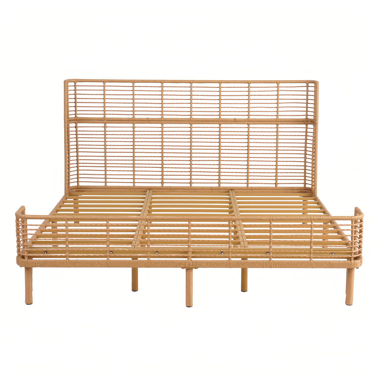 Christopher Knight Home Lamar Boho Rattan King Bed Frame and Headboard, Farmhouse PE Wicker King Size Bed Frame, Metal King Platform Bed Frame, No Box Spring Needed, Easy Assembly, Natural Finish