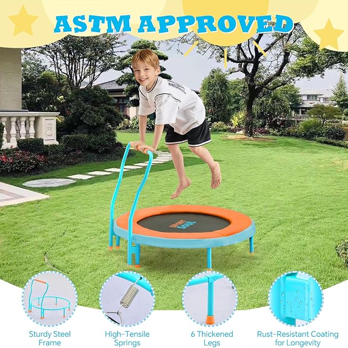 SPORTSOUL Mini Trampoline for Kids 3-6 with Super Safe Foam Handle Bar, 3ft Toddler Trampoline Indoor with No-Gap Cover for Indoor and Outdoor