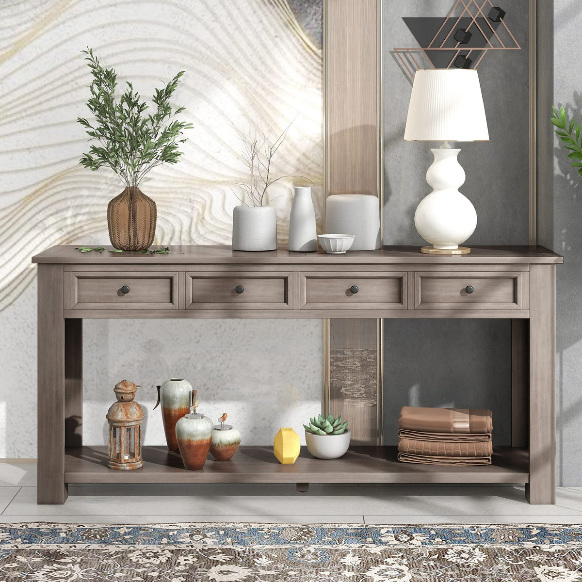 Brisca Solid Wood Console Sofa Table with 4 Drawers and Tabletop,Bottom Shelf for Entryway Hallway or Living Room,Space Saving,Easy to Assemble,Gray Wash,63" L×14" W×30" H
