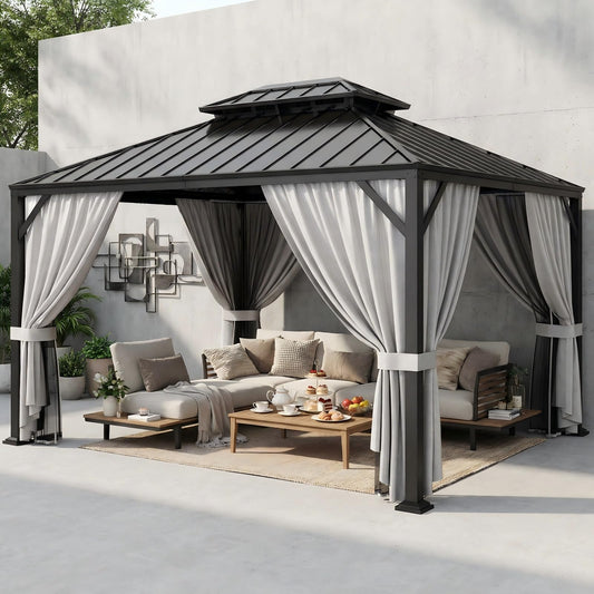 IRONCK 12'x10' Hardtop Gazebo, Update Aluminum Frame Gazebo with Galvanized Steel Double Roof, Outdoor Pergola with Curtain and Net, Backyard Canopy for Garden, Deck, Gray and Black