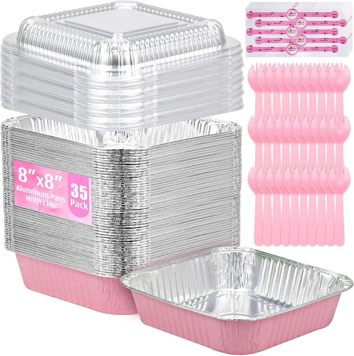 Regine Switzerland 35-Pack Pink 8x8 Inch Disposable Aluminum Pans - Includes Lids, Stickers & Spoons for Parties