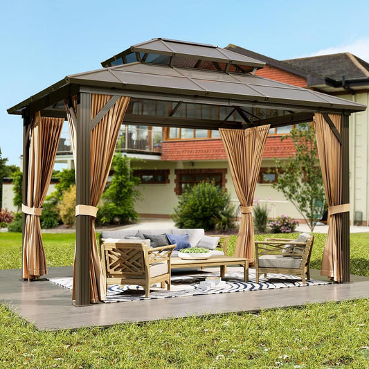 GAOMON 10'x12' Hardtop Gazebo, Outdoor Polycarbonate Double Roof Canopy, Aluminum Frame Permanent Pavilion with Curtains and Netting, Sunshade for Garden, Patio, Lawns