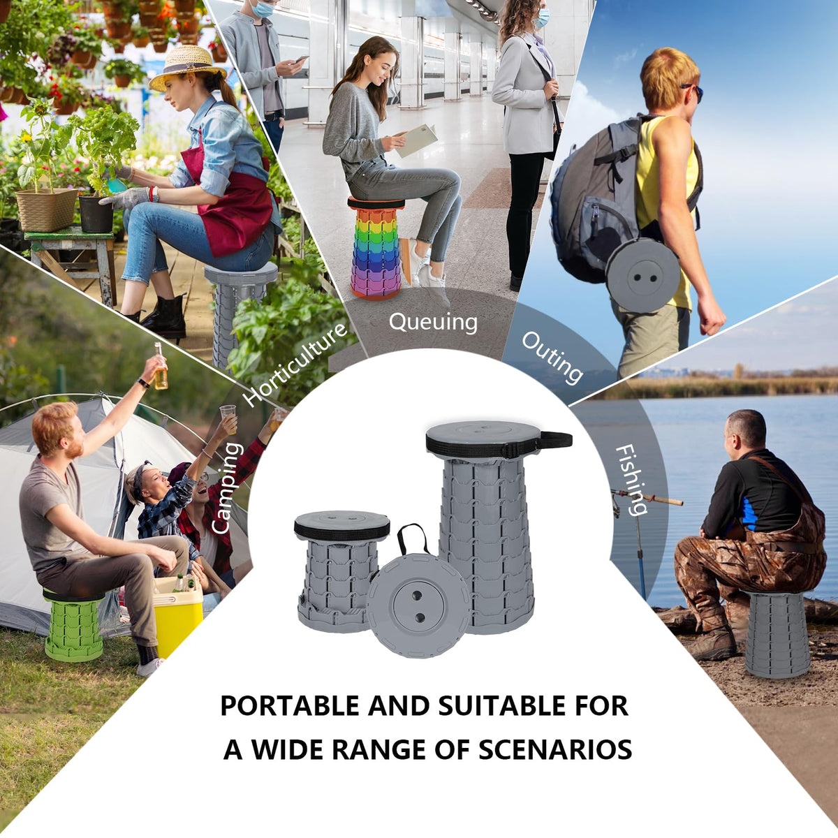 RizzQi Upgraded Collapsible Stool 450LBS - Adjustable Height (2.5"-18") Portable Telescoping Seat for Camping Hiking Indoor Office (Light Gray)