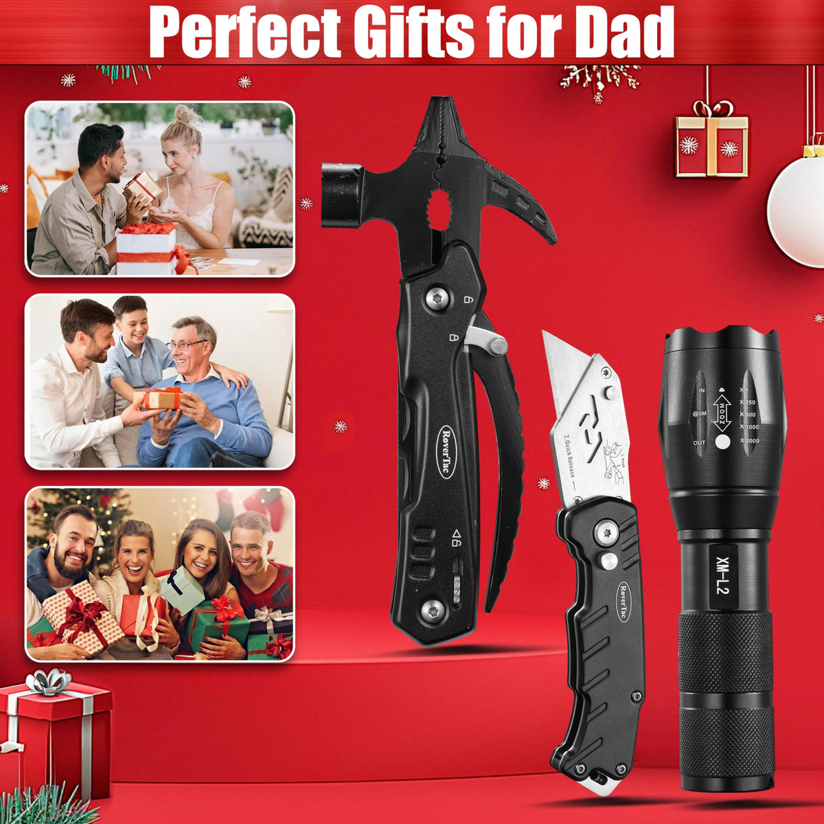 RoverTac Dad Tool Gift Set, 12-in-1 Multitool Hammer, Flashlight & Utility Knife in a Gift Box with "BEST DAD EVER", Unique & Practical Gift for Dad on Father’s Day, Birthday, Christmas & Retirement