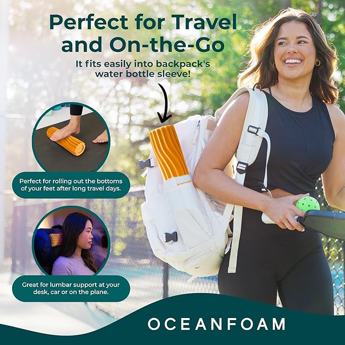 Oceanfoam Ripple Travel Foam Roller (11" x 3.35") Firm Mini Foam Roller for Physical Therapy, Deep Tissue Massage, Back Pain - High Density, Ergonomic Wave Textured - Yoga, Pilates, Exercise (Gold)