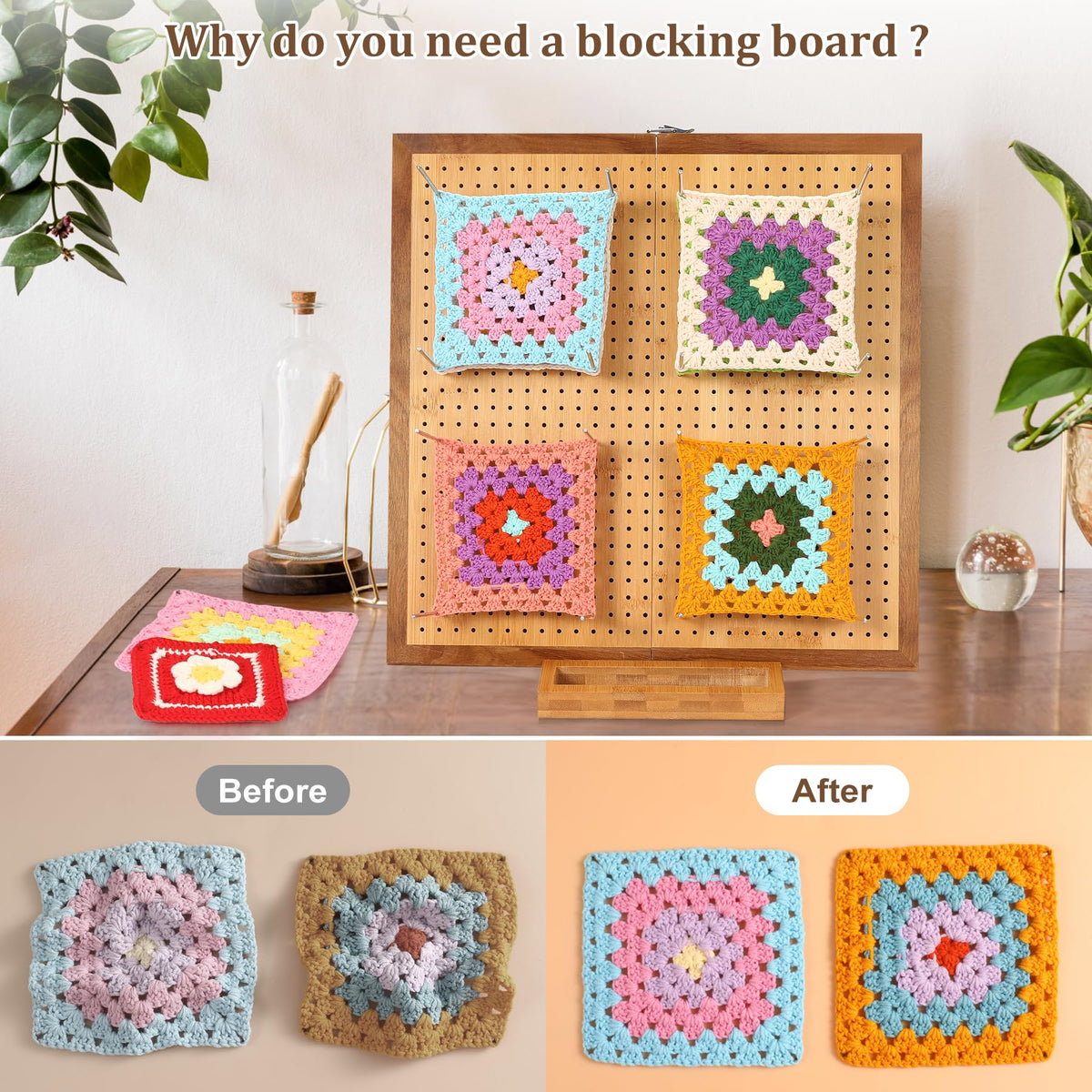 15.5" Foldable Crochet Blocking Board with 35 Stainless Steel Pegs - Upgrade Large Blocking Boards for Crochet Projects, Bamboo Granny Square Crocheting Accessories Gifts for Crocheters