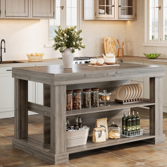 Tribesigns 55" Kitchen Island with Seating and Storage, 3-Tier Farmhouse Wood Stationary Island Table with Large Worktop & Leg Room, Coffee Bar Table with Storage Shelves for Kitchen, Grey