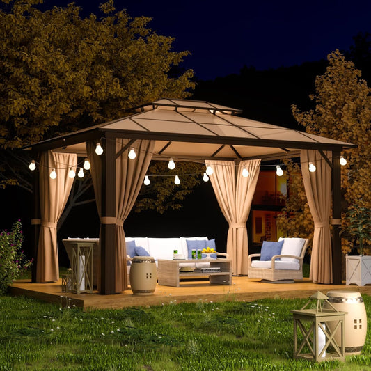 Hardtop Gazebo, Aluminum Frame Permanent Pavilion with Curtains and Netting, Outdoor Polycarbonate Gazebo, Double Roof Canopy, for Gardens, Patios, Lawns 10x12FT