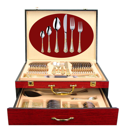 Venezia Collection 75-Pc Luxury Flatware Set for 12 w/Storage Case 24K Gold Premium Dining Cutlery Service - 18/10 Surgical Stainless Steel Silverware Hostess Serving Set in a Chest