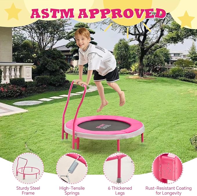 SPORTSOUL Mini Trampoline for Kids 3-6 with Super Safe Foam Handle Bar, 3ft Toddler Trampoline Indoor with No-Gap Cover for Indoor and Outdoor