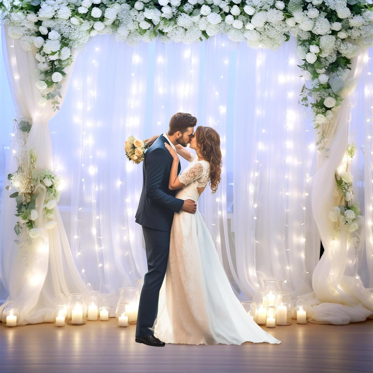 Suppromo 1010ft Decorations(2 10ft10ft) White Backdrop Curtains with Lights String for Wedding Parties Sheer Tulle