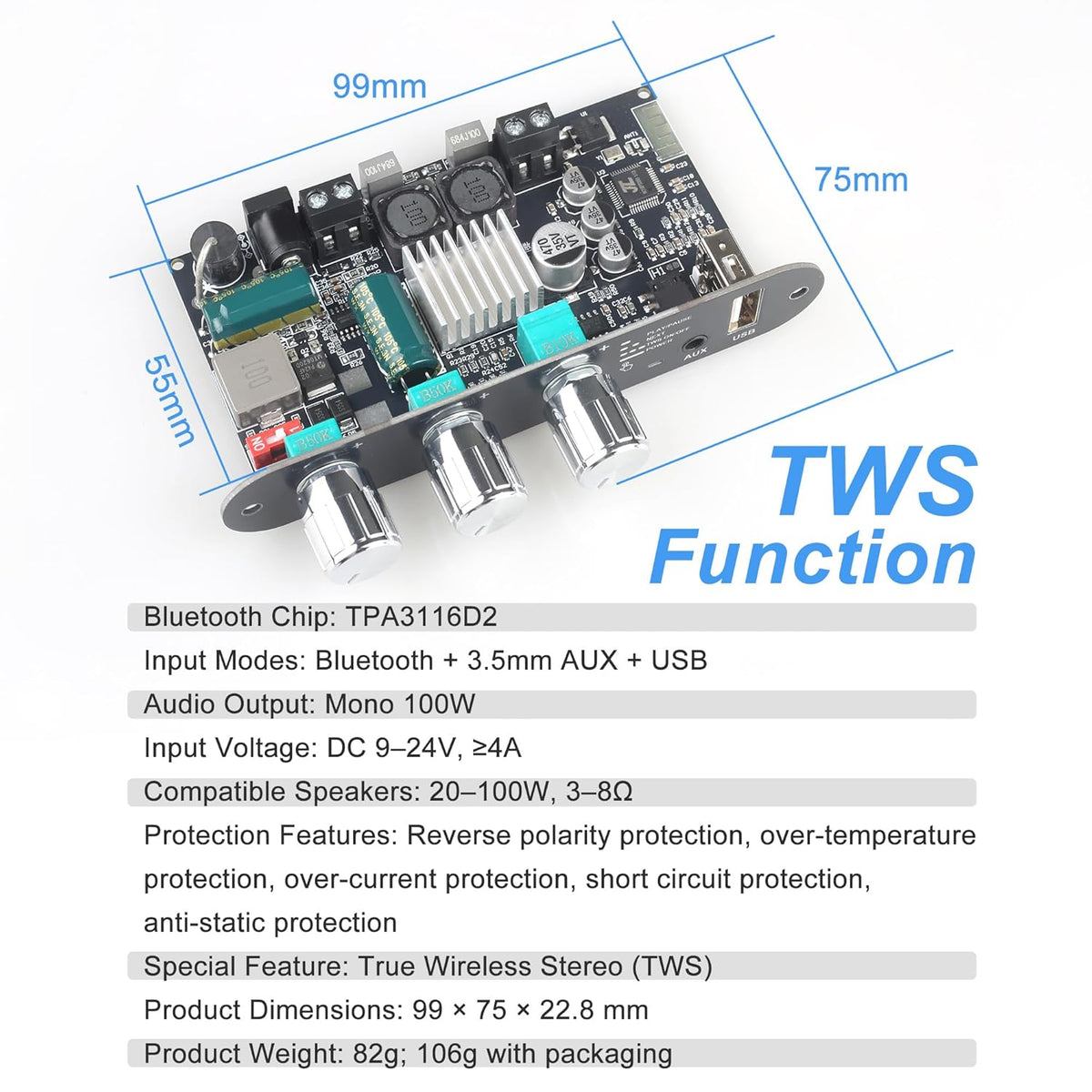 Wuzhi Audio ZK-1001U 100W 9-24V, Mono Amplifier Board with TWS, Power Output, Vehicle Amplifier Wide Voltage Input