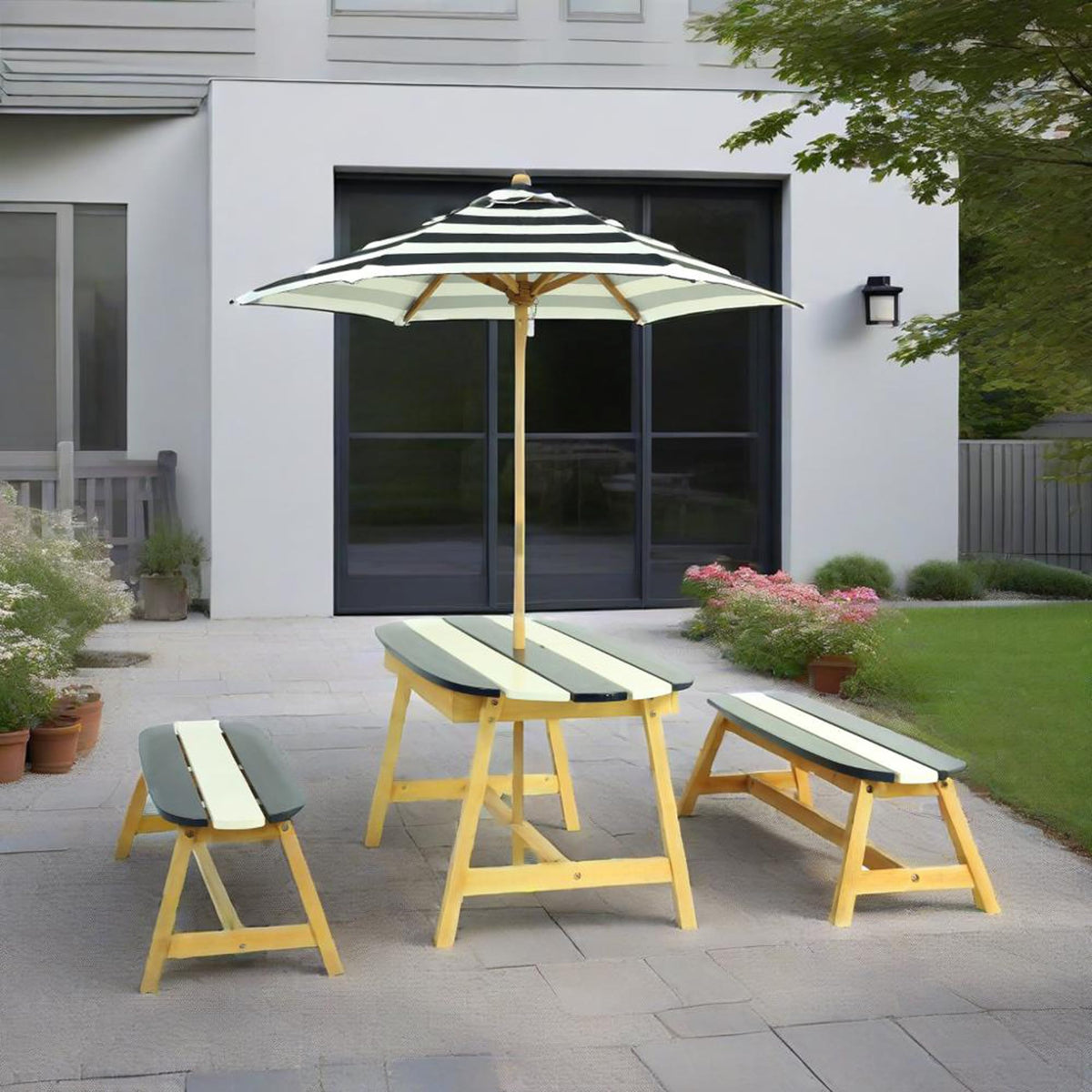 Gecheer Kids Picnic Table Set with Umbrella – Indoor/Outdoor Wooden Table & Benches for 4 Children, Dark Blue