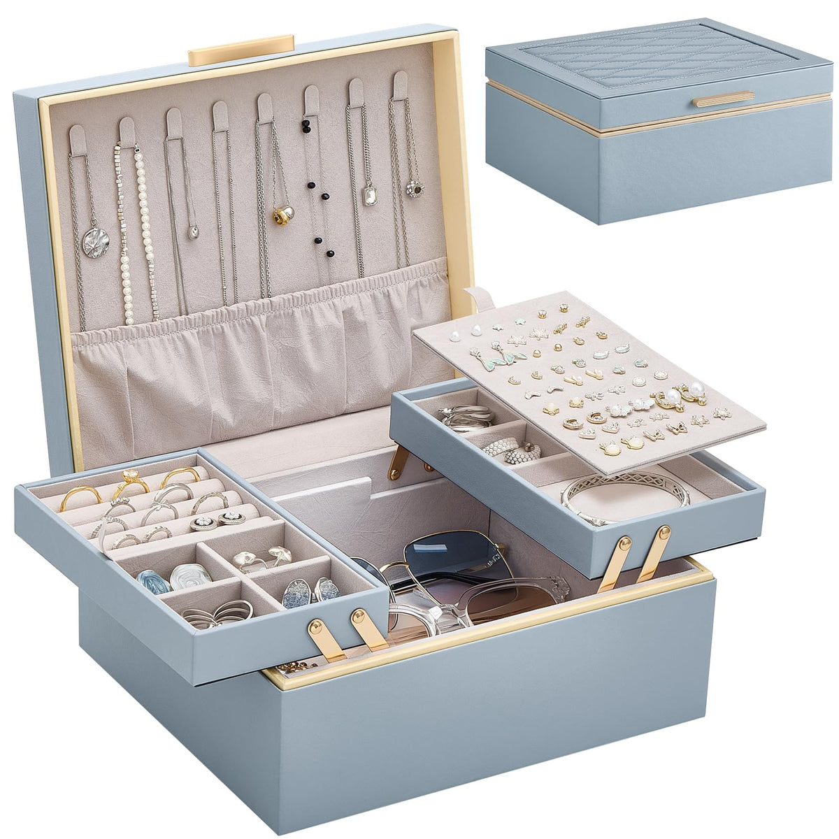 Lolalet Jewelry Box Organizer for Women Girls, 2 Layer Jewelry Organizers and Storage for Necklace Earrings Rings Bracelets, Large Jewellery Holder Case Birthday Mothers Day Gifts -HazeBlue