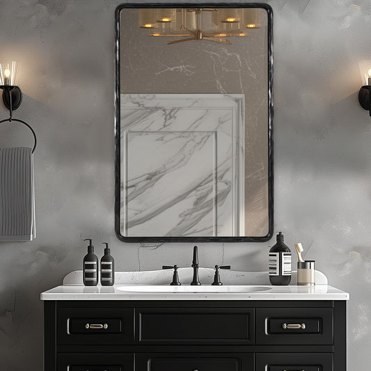 ANDY STAR Hand-Forged Black Bathroom Mirrors for Wall, 24x36 Inch Vintage Solid Steel Metal Frame Bathroom Vanity Mirror, Antique Rounded Rectangle Wall Mirror, Hangs Horizontally or Vertically