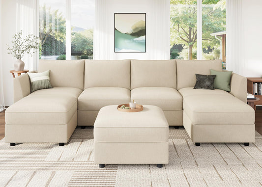 HONBAY Modular Sofa U Shaped Sectional Couch with Storage, Convertible Modular Sofa 7 Seats Sectional for Living Room - Beige