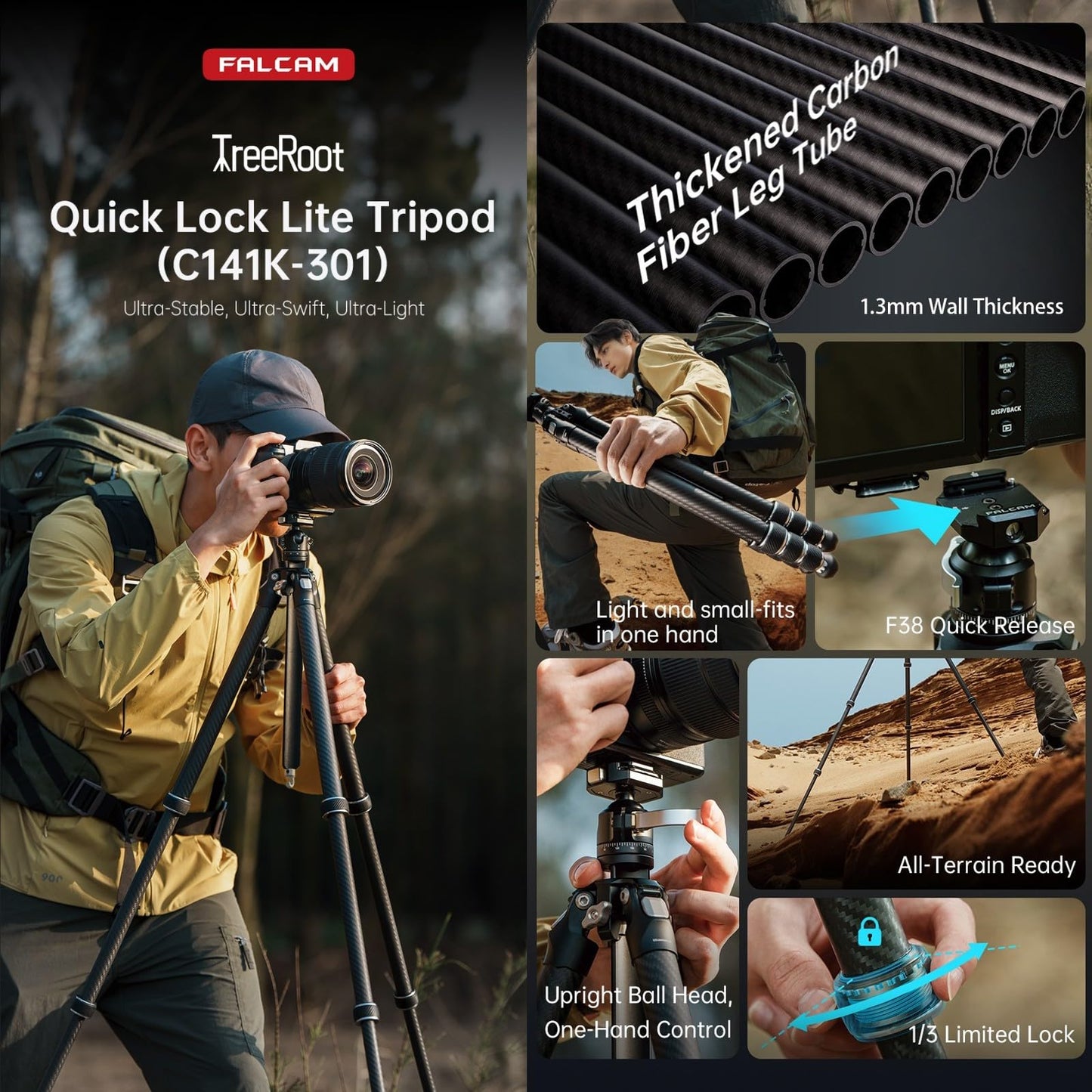 FALCAM TreeRoot Lite F38 Quick Lock Carbon Fiber Travel Tripod with Ball Head Load Capacity 3kg/6.6lbs, Max Vertical Payload 40Kg/88lbs for Cameras (C141K-301)