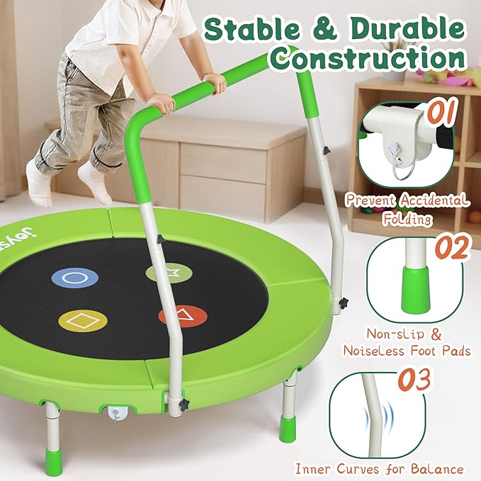 3FT Toddler Trampoline with Adjustable Handlebar, 36" Foldable & Spring-Free, Mini Kids Indoor Outdoor Trampoline for Ages 1-6, Noiseless Jumping Mat, Safe & Sturdy Design, Supports Up to 100 lbs